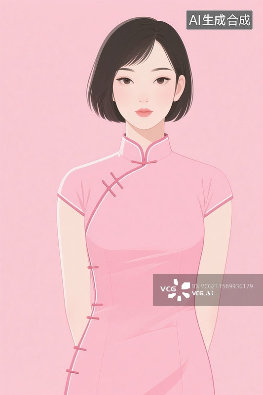 【AI数字艺术】中国风插画。女子短发，粉色旗袍，平面插画图片素材
