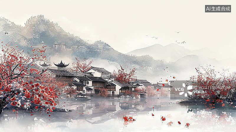 【AI数字艺术】烟雨江南的诗意画卷  桃花流水人家  湖光山色古韵亭 落英缤纷水云间 湖光山色的亭台阁楼 江南水榭亭图片素材