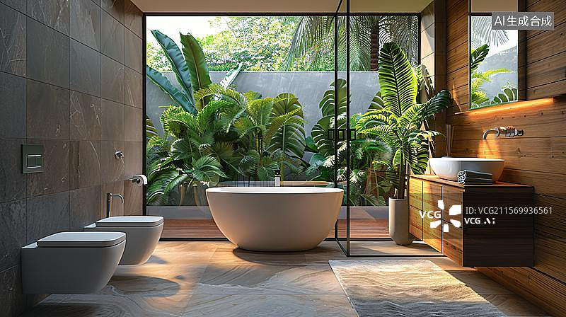 【AI数字艺术】热带风情浴室浴缸的宁静  室内浴室场景背景，现代风格公寓浴缸概念插图 浴室样板间 浴缸图片素材