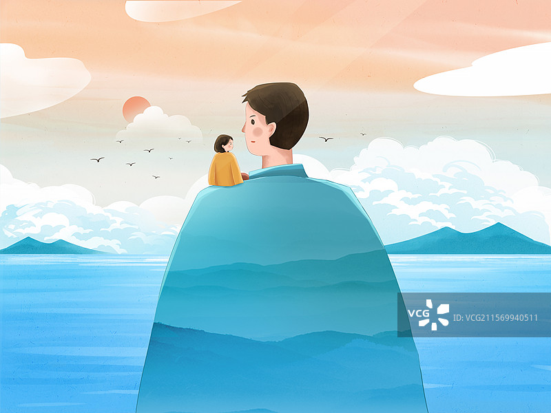 手绘梦幻治愈系风格感恩父亲节公益宣传插画 父爱如山 女儿坐在父亲肩膀上 蓝色海边沙滩 蓝天背景 横版图片素材