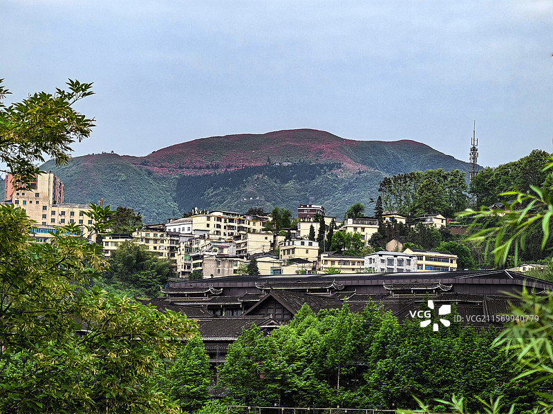 中国贵州黔东南丹寨县，丹寨万达小镇风光，丹寨万达小镇，丹寨龙泉山的杜鹃花，丹寨龙泉山蚩尤文化公园图片素材