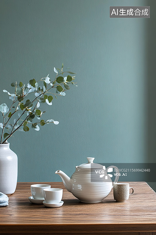 【AI数字艺术】木桌上的茶壶与尤加利枝图片素材