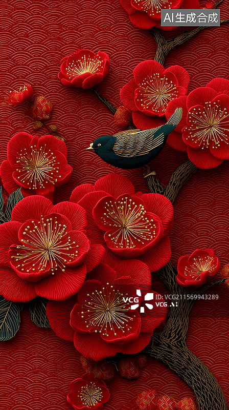 【AI数字艺术】精美的刺绣梅花和鸟图片素材