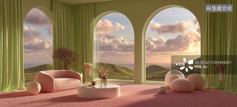 【AI数字艺术】梦幻粉绿客厅，风景如画图片素材