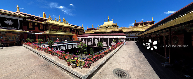 西藏拉萨大昭寺金顶在蓝天映衬下熠熠生辉红墙庄重古朴殿前繁花似锦尽显藏传佛教寺院的庄严与绚丽。图片素材
