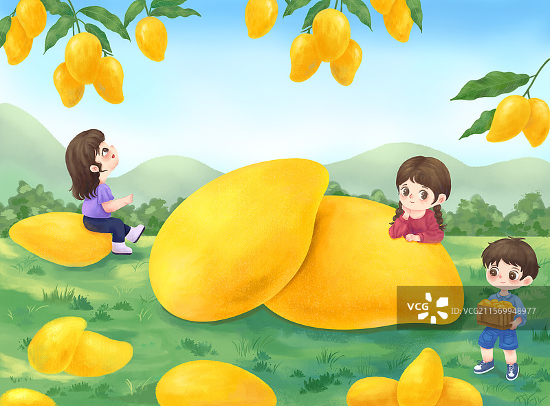 手绘小场景插画：芒果树下草地上欢快收获芒果的儿童图片素材