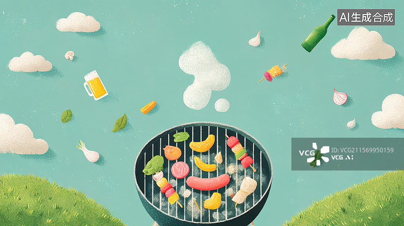 【AI数字艺术】草地上的烤盘和烤肉啤酒漂浮在空中图片素材