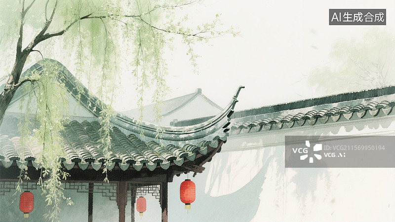 【AI数字艺术】古韵灯笼映衬下的江南春色图片素材