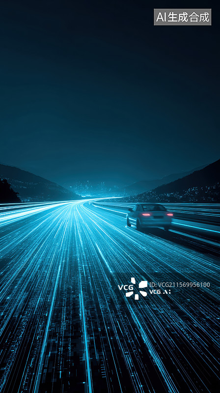【AI数字艺术】夜间高速公路上的车灯轨迹图片素材