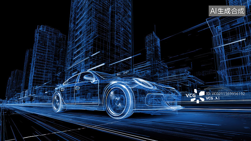 【AI数字艺术】蓝色光效汽车在城市中行驶图片素材