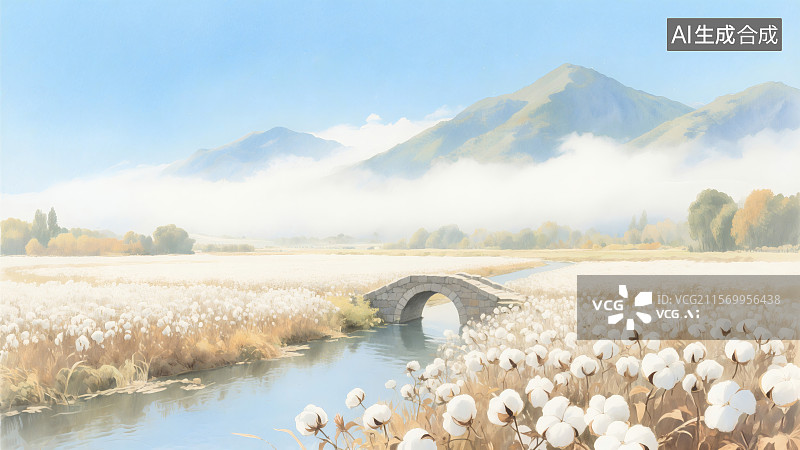【AI数字艺术】一座石桥横跨小河，周围是盛开的棉花田，远处是被云雾缭绕的青山图片素材