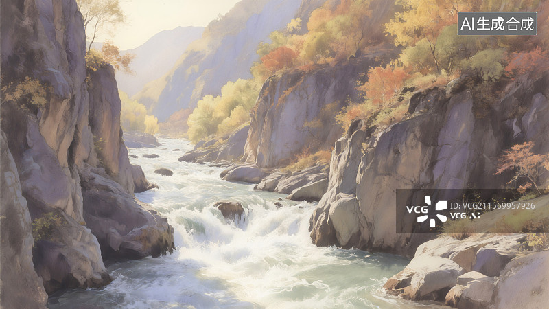 【AI数字艺术】山间河流湍急，岩石嶙峋，两岸树木色彩斑斓，阳光洒落，景色壮丽图片素材