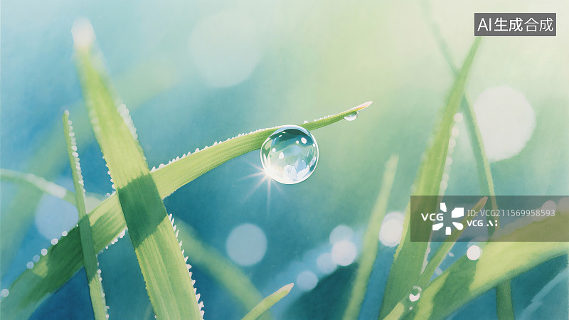 【AI数字艺术】清晨露珠在草叶上闪烁，背景模糊呈现柔和绿色光晕图片素材