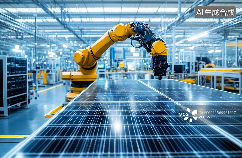 【AI数字艺术】机器人在太阳能电池板生产线上工作图片素材
