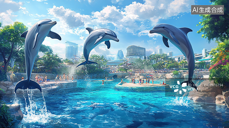 【AI数字艺术】世界海洋日插画海洋公园里海豚海狮欢快地跳跃表演图片素材