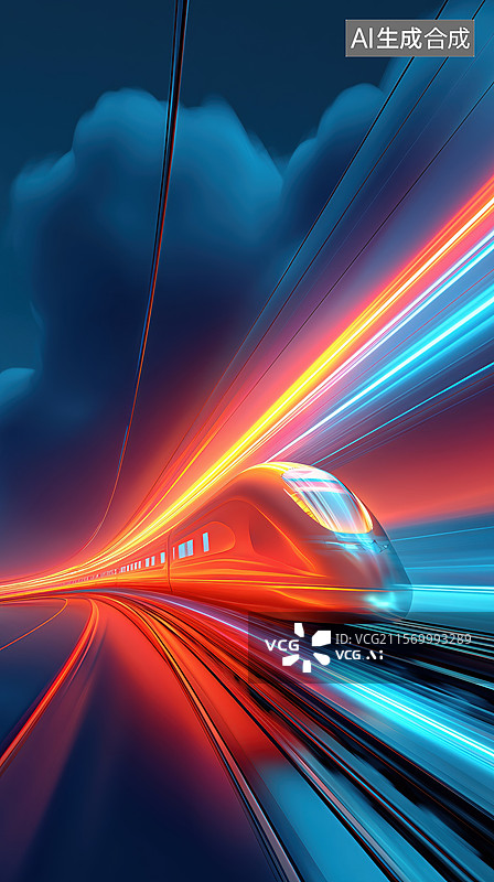 【AI数字艺术】科技动感夜晚彩色发光的飞速行驶的高速列车高铁磁悬浮3D立体插画图片素材
