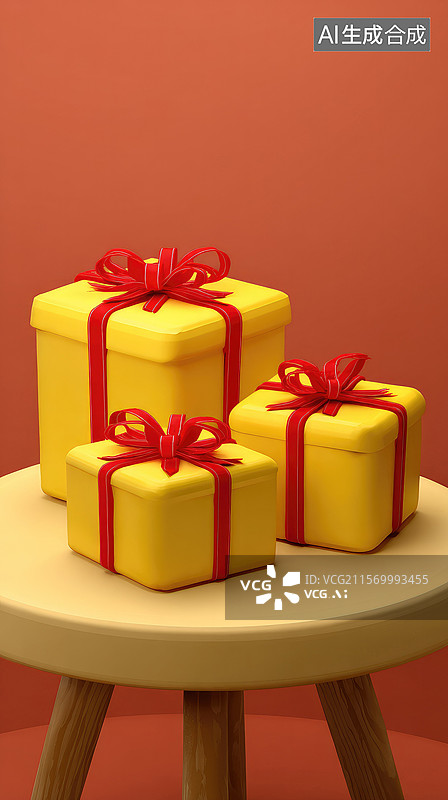 【AI数字艺术】喜庆3D购物节插画圆桌上三个红蝴蝶结黄色礼盒抽象商业背景促销、房地产和销售活动618双十一年货节图片素材