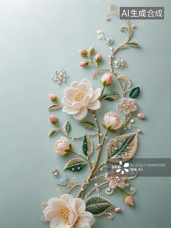 【AI数字艺术】宋代国画工笔画折枝花 抽象花卉花朵盛开刺绣钉珠效果珠宝首饰服装海报背景 新国风高级质感传统手工艺装饰图片素材