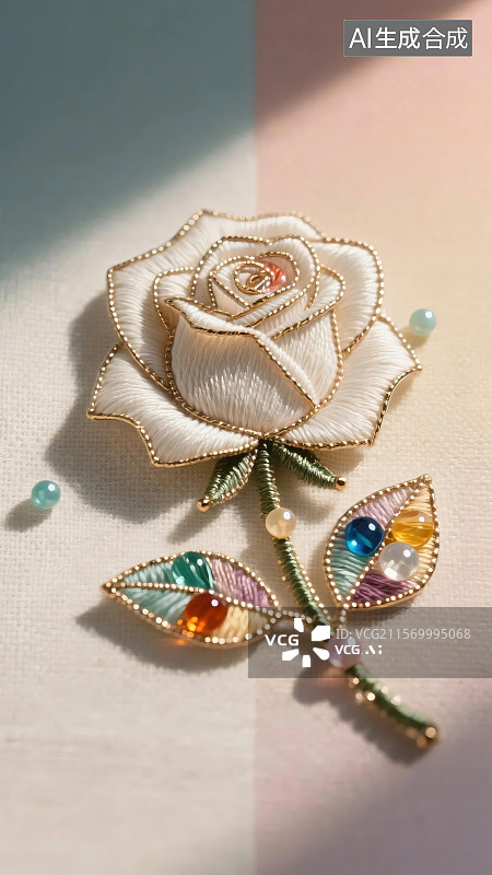 【AI数字艺术】彩色玫瑰刺绣饰品，搭配多彩宝石，展现精致工艺与绚丽氛围 。图片素材