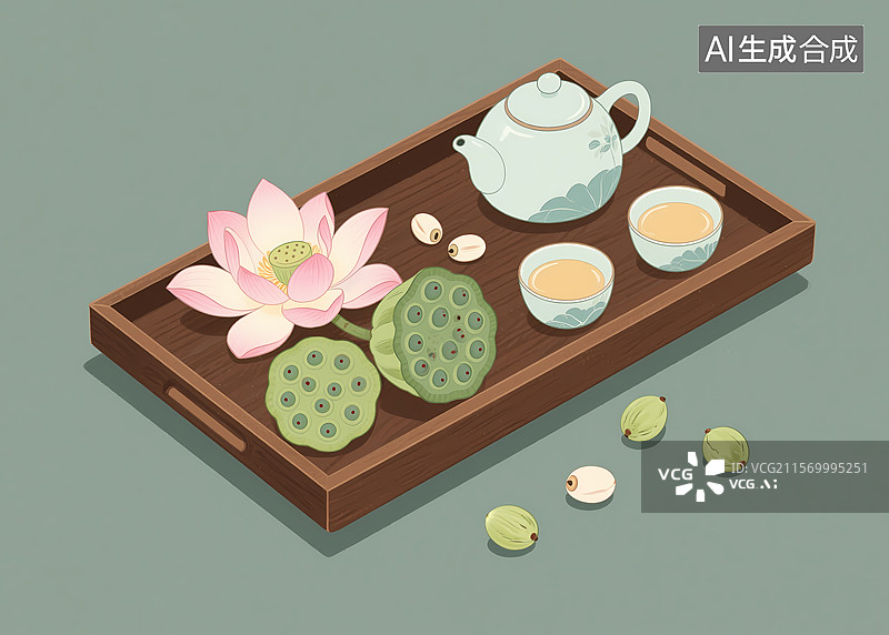 【AI数字艺术】托盘上的荷花莲藕插画图片素材