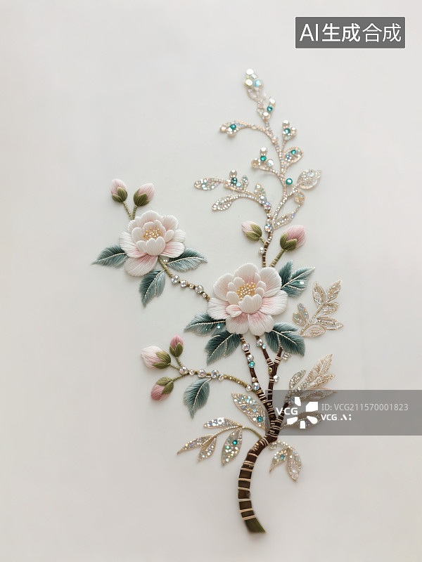 【AI数字艺术】宋代国画工笔画折枝花 抽象花卉花朵盛开刺绣钉珠效果珠宝首饰服装海报背景 新国风高级质感传统手工艺装饰图片素材