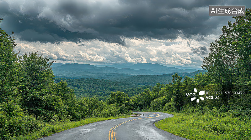 【AI数字艺术】雨后蜿蜒山路与生态绿意画卷图片素材