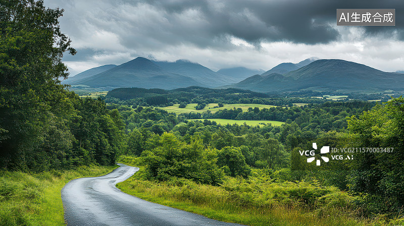 【AI数字艺术】雨后蜿蜒山路与生态绿意画卷图片素材