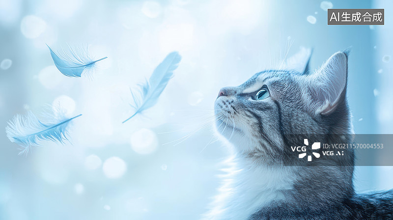 【AI数字艺术】萌猫仰望空中飘舞羽毛特写图片素材