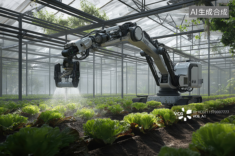 【AI数字艺术】机器人在温室中进行农业自动化作业图片素材