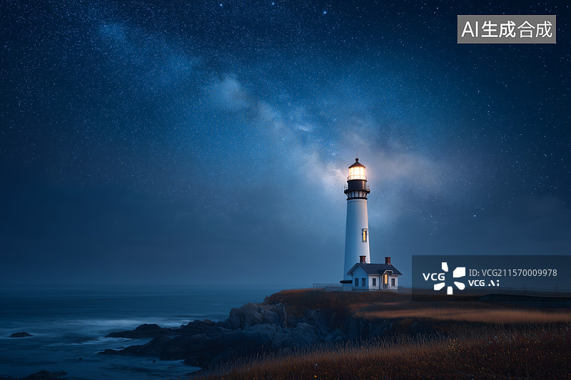 【AI数字艺术】银河下的灯塔图片素材