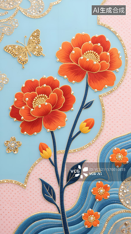 【AI数字艺术】刺绣钉珠效果海报背景图片素材