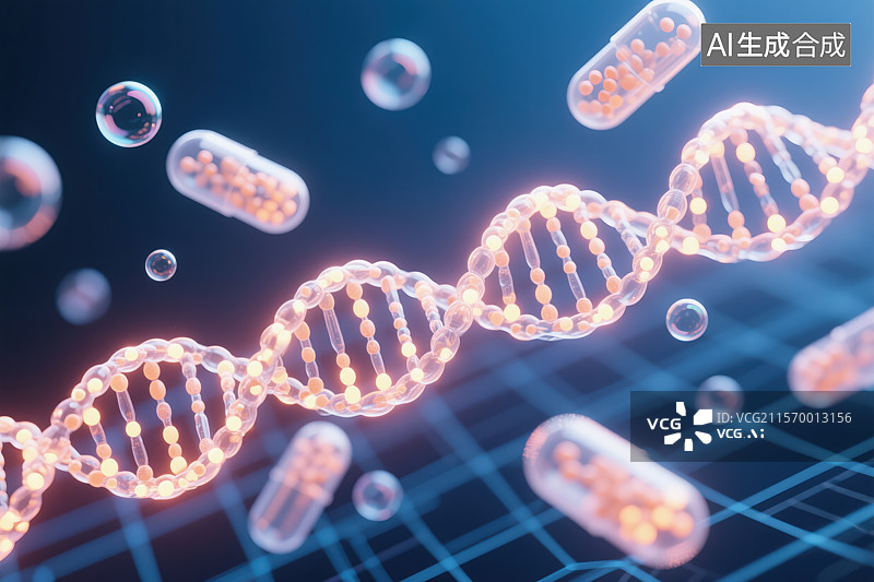 【AI数字艺术】DNA、双螺旋、胶囊、药物、科技、生物、分子、微观、网格、蓝色、橙色、发光、医学、科学、研究、实验室图片素材