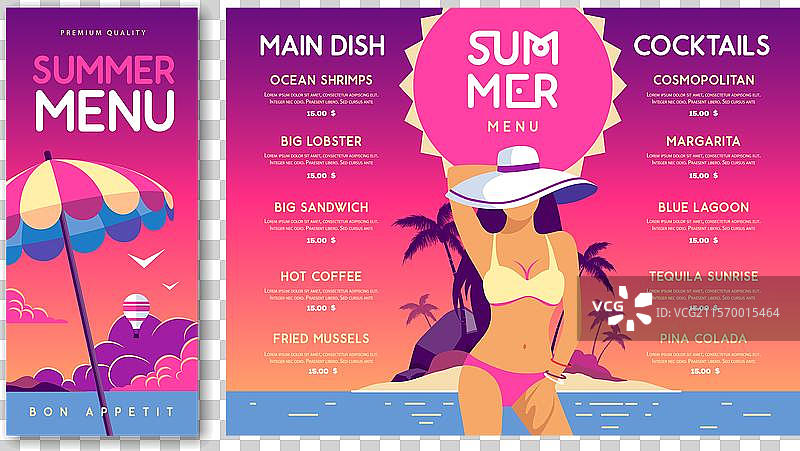 复古扁平风格的夏季菜单设计，配有美丽女孩图片素材
