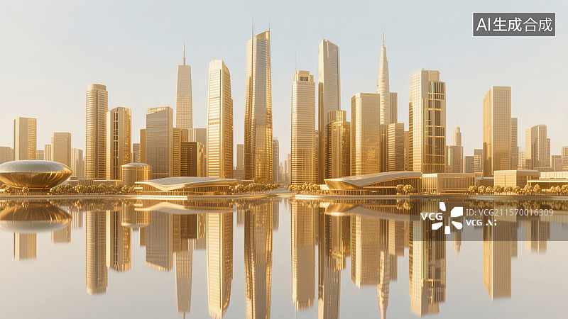 【AI数字艺术】金色之城的水中倒影图片素材