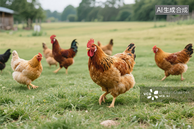 【AI数字艺术】田野里的自由放养鸡群图片素材