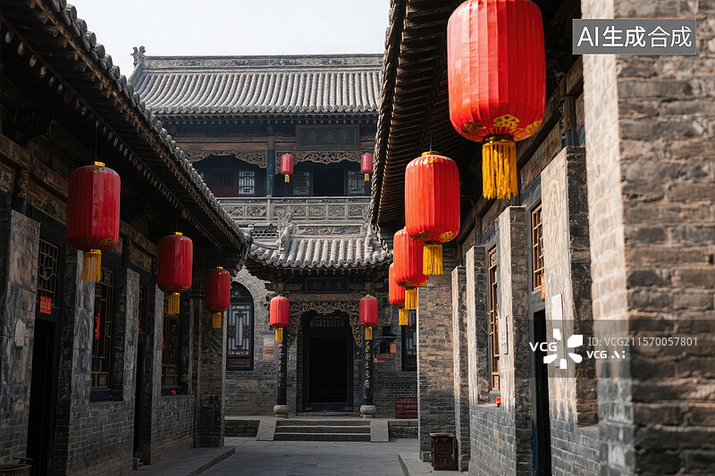 【AI数字艺术】中国古院落红灯笼图片素材