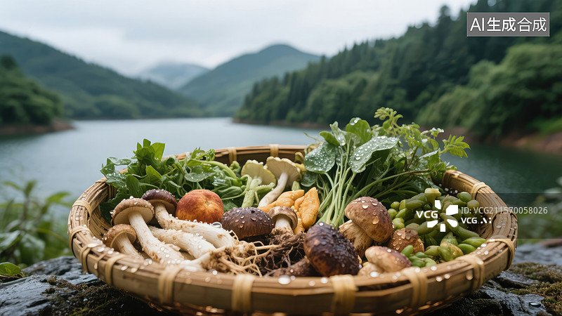 【AI数字艺术】湖边新鲜森林菌菇和蔬菜图片素材