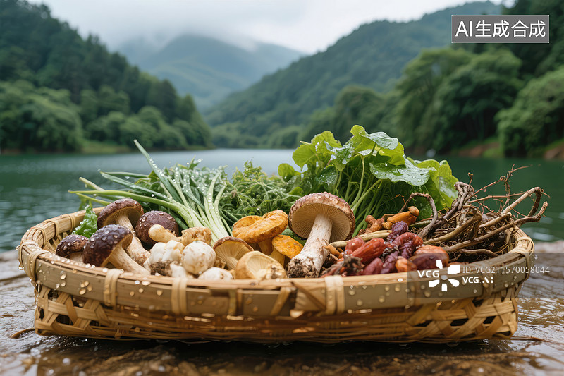 【AI数字艺术】湖边新鲜的森林蘑菇和蔬菜图片素材