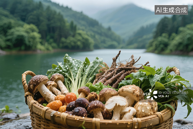 【AI数字艺术】森林采摘的鲜蘑菇和蔬菜图片素材