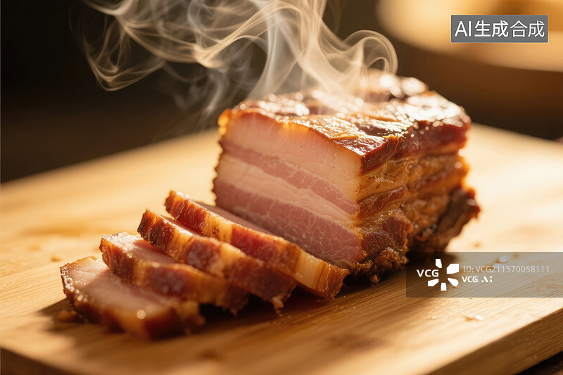 【AI数字艺术】木质砧板上的熏肉片图片素材