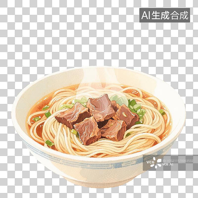 【AI数字艺术】中国风手绘插画，一碗牛肉拉面，面条，米线，中国传统美食免抠元素图片素材