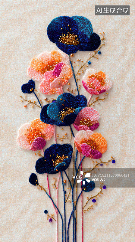 【AI数字艺术】刺绣钉珠效果花卉海报背景图片素材