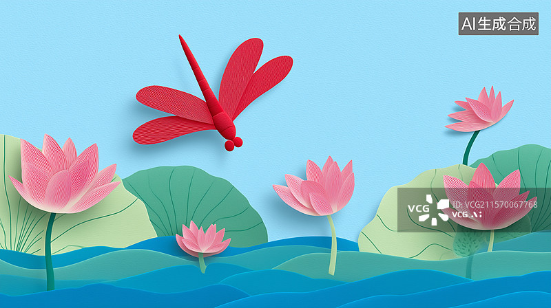 【AI数字艺术】剪纸风格夏天立夏荷花和蜻蜓插画图片素材