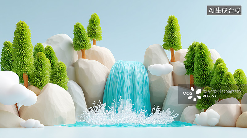 【AI数字艺术】3D卡通森林瀑布与水花飞溅图片素材