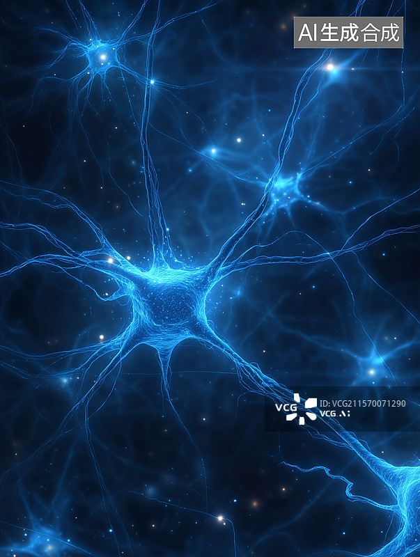 【AI数字艺术】蓝色发光粒子细胞神经元插画图片素材