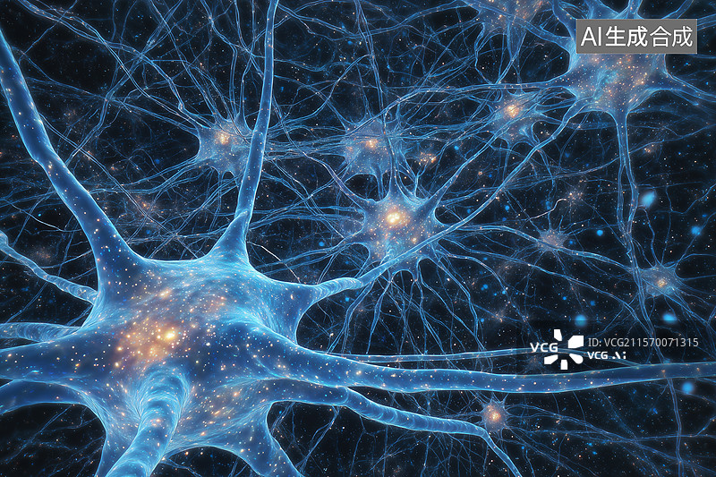 【AI数字艺术】蓝色发光粒子细胞神经元插画图片素材