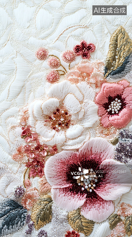 【AI数字艺术】中国刺绣钉珠珠绣花卉背景海报图片素材