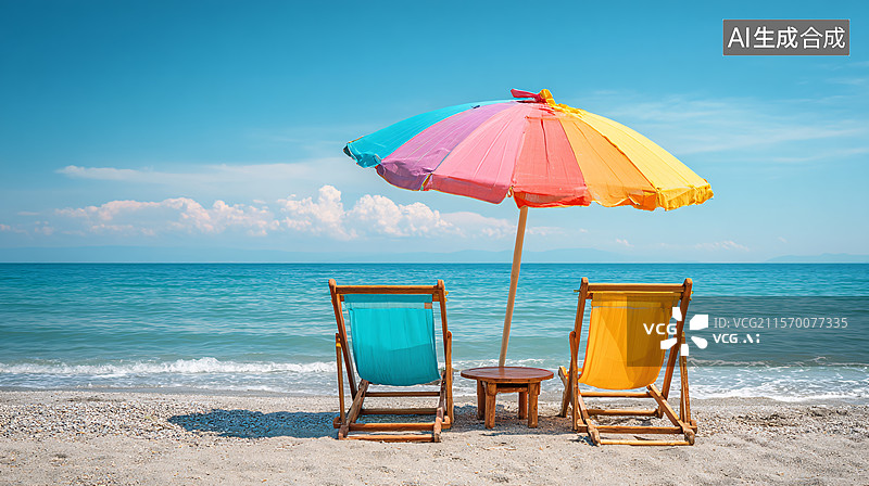 【AI数字艺术】海边的沙滩椅和遮阳伞图片素材