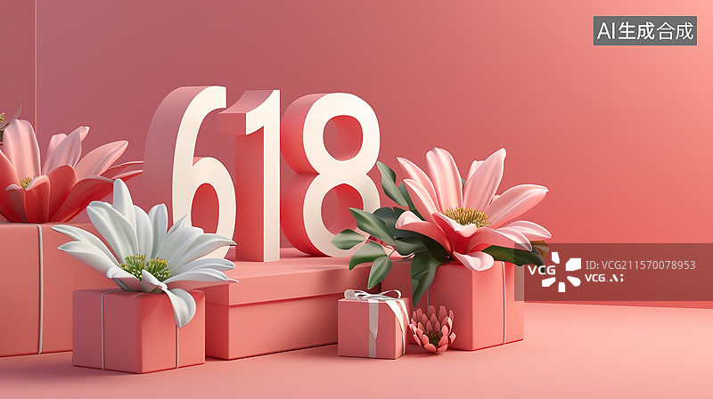 【AI数字艺术】数字618，鲜花，礼盒，电商购物节年中大促销图片素材