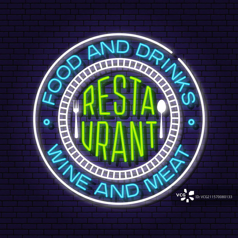 砖墙上的餐厅霓虹灯标志图片素材